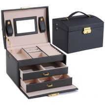 Boîte à Bijoux, Coffret pour Bijoux Boîte à Maquillage Bijoux et cosmétique Beauty Case à 3 Couches en Simili Cuir avec 2 Tiroirs, Noir