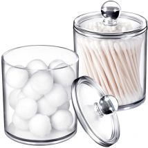 2 paquets de 15 oz. Salle de bain avec étiquettes - Support de rangement en plastique transparent pour boule de coton, coton-tige, coton-tige, coton