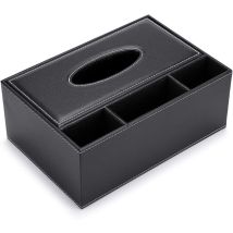 Boîte À Mouchoirs Rectangulaire En Cuir Pu (noir) Avec Organisateur De Bureau À 3 Compartiments Pour Télécommande