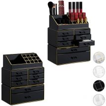 Relaxdays - 2x Boîtes rangement maquillage, Make up organisateur, produits cosmétiques 8 tiroirs compartiments, acrylique, noir/doré