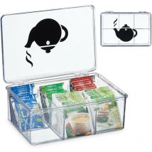 Boîte à thé, plastique, 6 casiers, rangement pour sachets tisane, couvercle, HxLxP : 9x21,5x15 cm, transparent - Relaxdays