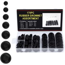Bouchons en Caoutchouc 170 Pièces, Assortiment Oeillet en Caoutchouc Noir 7 Tailles Passe Fils Caoutchouc Joints de Prise pour Câble et Connecteur