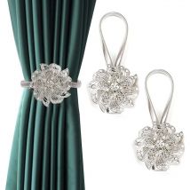 Boucle de rideau magnétique à clip - Boucle de rideau sans perforation - Boucle de rideau à fleurs - Accessoires pour rideaux (couleur : argent)