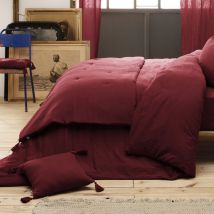 Cdaffaires - Bout De Lit Double Gaze De Coton À Pompons 90 X 200 Cm Gaia Bordeaux
