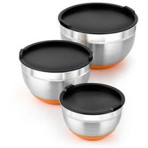 Bra Efficient - Set Von 4 Schüsseln Aus Rostfreiem Edelstahl 18/10 12-16-20-24 Cm 0,4 L, Silikonboden, Deckel Enthalten