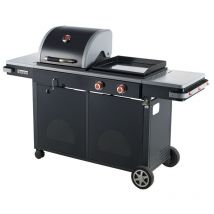 Barbecue Bi-Energy l Barbecue Charbon 49 x 42 cm et Plancha à gaz 48 x 42 cm - 2 brûleurs gaz - 7,2 kW - Noir - Brasero