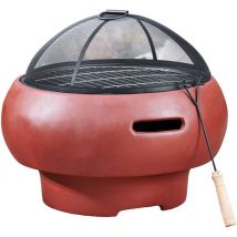 Braséro de jardin à bois chauffage extérieur grille charbon bbq avec tisonnier couvercle - Béton - Rouge - 53 x 53 x 47 (cm) - Teamson Home