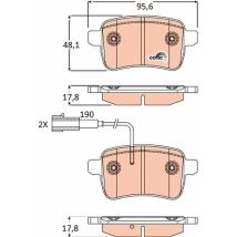 Bremsbeläge hinten für Alfa Romeo Giulietta – E9 90R 01119496 – Warnkontakt 190 mm – Breite 956 mm – Höhe 481 mm – Dicke 178 mm