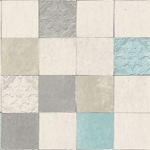 BRICOFLOR Papier peint turquoise, blanc & gris | Papier peint imitation carrelage vinyle & intissé | Papier peint pour salle de bain & cuisine