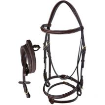Briglia in cuoio inglese con fibbie in ottone lucido e redini in cuoio ricoperte in gomma: Pony, Marrone