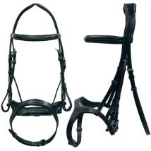 Briglia inglese anatomica e sagomata in cuoio italiano di alta qualità con fibbiera in acciaio inox, ricami contrasto e chiudibocca: Full, Marrone