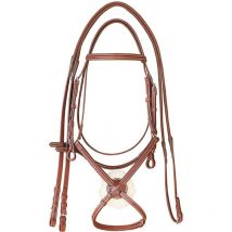 Briglia inglese in cuoio chiudibocca a incrocio messicano e frontalino con cuciture completa di redini in gomma: full, Cognac