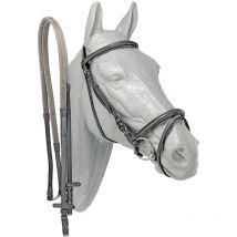 NSC - Briglia inglese in cuoio con cavezza doppia completa di redini in gomma: Shetland, Nero