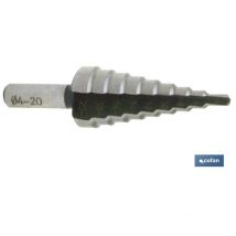 Cofan - broca escalonada hss - taladro 30-40 , broca escalonada avellanada hss. Broca en acero rápido rectificadas con dos cortes escalonados.