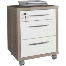 Bürokommode in Eiche und Weiß mit 3 Schubladen, Schlüssel und Rollen