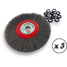 Lot de 3 brosses circulaires acier ø 300 mm Epaisseur 2 rangs Fil souple 0.20 mm ondulé Alésage 32 mm + réducteur bague 25/22/20/16/12 mm Touret