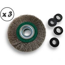 Kibros - Lot de 3 brosses circulaires inox ø 100 mm Epaisseur 3 rangs Fil souple 0.20 mm ondulé Alésage 16 mm Touret meuleuse affûteuse ponceuse