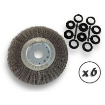 Kibros - Lot de 6 brosses circulaires inox ø 200 mm Epaisseur 1 rang Fil dur 0.30 mm ondulé Alésage 32 mm + réducteur bague 25/22/20/16/12 mm Touret