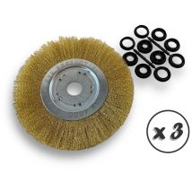 Kibros - Lot de 3 brosses circulaires laiton ø 250 mm Epaisseur 1 rang Fil dur 0.30 mm ondulé Alésage 32 mm + réducteur bague 25/22/20/16/12 mm