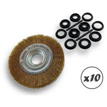 Kibros - Lot de 10 brosses circulaires laiton ø 150 mm Epaisseur 2 rangs Fil dur 0.30 mm ondulé Alésage 32 mm + réducteur bague 25/22/20/16/12 mm