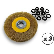 Kibros - Lot de 3 brosses circulaires laiton ø 200 mm Epaisseur 2 rangs Fil dur 0.30 mm ondulé Alésage 32 mm + réducteur bague 25/22/20/16/12 mm