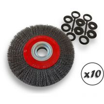 Kibros - Lot de 10 brosses circulaires acier ø 200 mm Epaisseur 3 rangs Fil dur 0.30 mm ondulé Alésage 32 mm + réducteur bague 25/22/20/16/12 mm