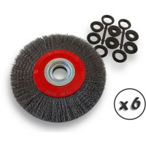 Lot de 6 brosses circulaires acier ø 200 mm Epaisseur 3 rangs Fil dur 0.30 mm ondulé Alésage 32 mm + réducteur bague 25/22/20/16/12 mm Touret