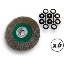 Lot de 6 brosses circulaires inox ø 200 mm Epaisseur 3 rangs Fil dur 0.30 mm ondulé Alésage 32 mm + réducteur bague 25/22/20/16/12 mm Touret