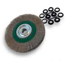 Brosse circulaire inox ø 250 mm Epaisseur 3 rangs Fil dur 0.30 mm ondulé Alésage 32 mm + réducteur bague 25/22/20/16/12 mm Touret meuleuse affûteuse