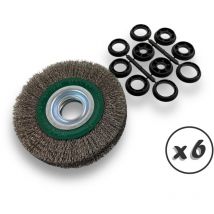 Lot de 6 brosses circulaires inox ø 150 mm Epaisseur 3 rangs Fil dur 0.30 mm ondulé Alésage 32 mm + réducteur bague 25/22/20/16/12 mm Touret
