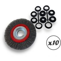 Lot de 10 brosses circulaires acier ø 150 mm Epaisseur 2 rangs Fil dur 0.30 mm ondulé Alésage 32 mm + réducteur bague 25/22/20/16/12 mm Touret