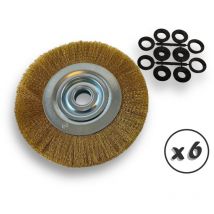 Kibros - Lot de 6 brosses circulaires laiton ø 250 mm Epaisseur 2 rangs Fil souple 0.20 mm ondulé Alésage 32 mm + réducteur bague 25/22/20/16/12 mm