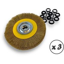 Lot de 3 brosses circulaires LAITON Ø 250 mm Epaisseur 3 rangs Fil souple 0.20 mm ondulé Alésage 32 mm + réducteur bague 25/22/20/16/12 mm Touret
