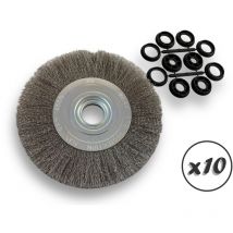 Kibros - Lot de 10 brosses circulaires inox ø 200 mm Epaisseur 2 rangs Fil souple 0.20 mm ondulé Alésage 32 mm + réducteur bague 25/22/20/16/12 mm