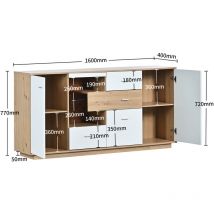 160x40x77cm Armoire sideboard moderne avec beaucoup d'espace de rangement, avec éclairage LED, 2 portes, 4 tiroirs, étagère en verre, aspect bois,