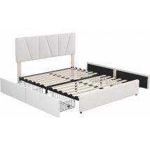 Doppelbett, Polsterbett, Kingsize Polster Plattform Bett mit vier Schubladen auf zwei Seiten, Verstellbares Kopfteil, Weiß(160200cm) l&h