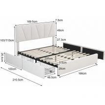 Lit double, Lit rembourré, Lit plateforme Kingsize avec quatre tiroirs sur deux côtés, Tête de lit réglable, Blanc(160x200cm) l&h