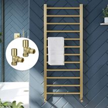 Brushed Brass 1200 x 500mm Heated Bathroom Towel Rail Warmer Ladder Radiator with Angled Manual Valves Pair