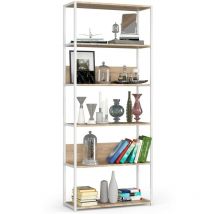 Akord - Bücherregal Metallregal mit Ebenen aus Holzwerkstoff Weiß Breite 80 cm 6 Ebenen Sonoma-Eiche B80 x H192 x T32 cm