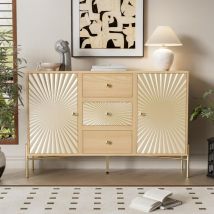 Eifson - Buffet 123 cm, avec deux portes d'armoire, trois tiroirs, poignées et pieds dorés, design ensoleillé unique, adapté au salon et à la salle à
