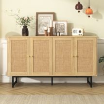 Fortuna Lai - Buffet 140x39.5x80cm - Armoire de rangement avec 4 portes avec tissage en rotin véritable - pour chambre et salle à manger - Bois