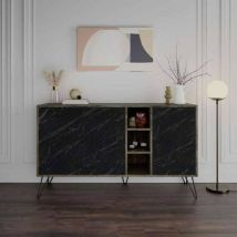 Toscohome - Buffet 142 cm avec 3 portes effet marbre noir et structure café foncé - Clara Bendir