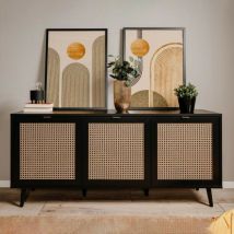 Toscohome - Buffet 150 cm à 3 portes en noir avec façades en osier - Vienna51A