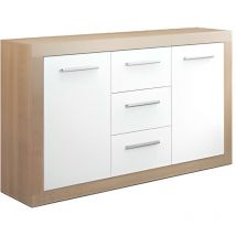 Buffet 2 portes + 3 tiroirs coloris Chêne Cambrian / Blanc - Longueur 134 x profondeur 35 x hauteur 78 cm -PEGANE-