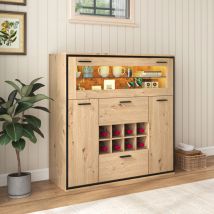 Modernluxe - Buffet、Casier à vin avec led - 2 portes & 2 tiroirs & clayettes en verre - Naturel