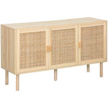 Sweeek - Buffet 3 portes et 3 étagères cannage et effet bois. Piètement et poignées en bois de sapin. buffet bas. l 120 x p 39 x h 70cm camargue