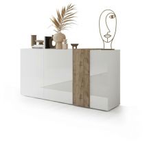 Veriaffari.it - Buffet 3 Portes venezia - Blanc laqué brillant et chene Cadiz - l 181 x p 44 x h 84 cm