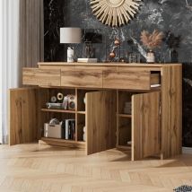 Hauss Spole - Buffet 3 tiroirs 3 portes, commode 135x40x81cm, meuble de rangement, cuisine/séjour/entrée, naturel