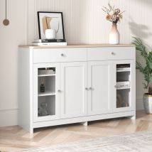 Lafomukea - Buffet avec grain de bois blanc, quatre portes, avec deux tiroirs, porte avec verre. Salon, salle à manger. Couleur bois et blanc