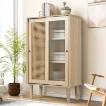 Jn.songs - Buffet avec Portes en Plastique en Rotin et Portes Coulissantes en Verre, 6 Compartiments Derrière Portes